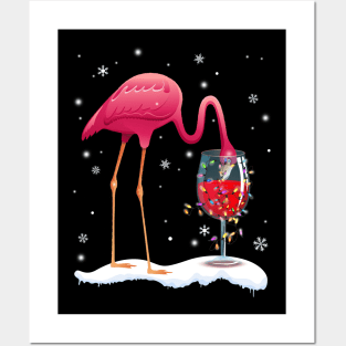 Funny Pink Flamingo Drink Wine On Christmas Xmas Gift Posters and Art